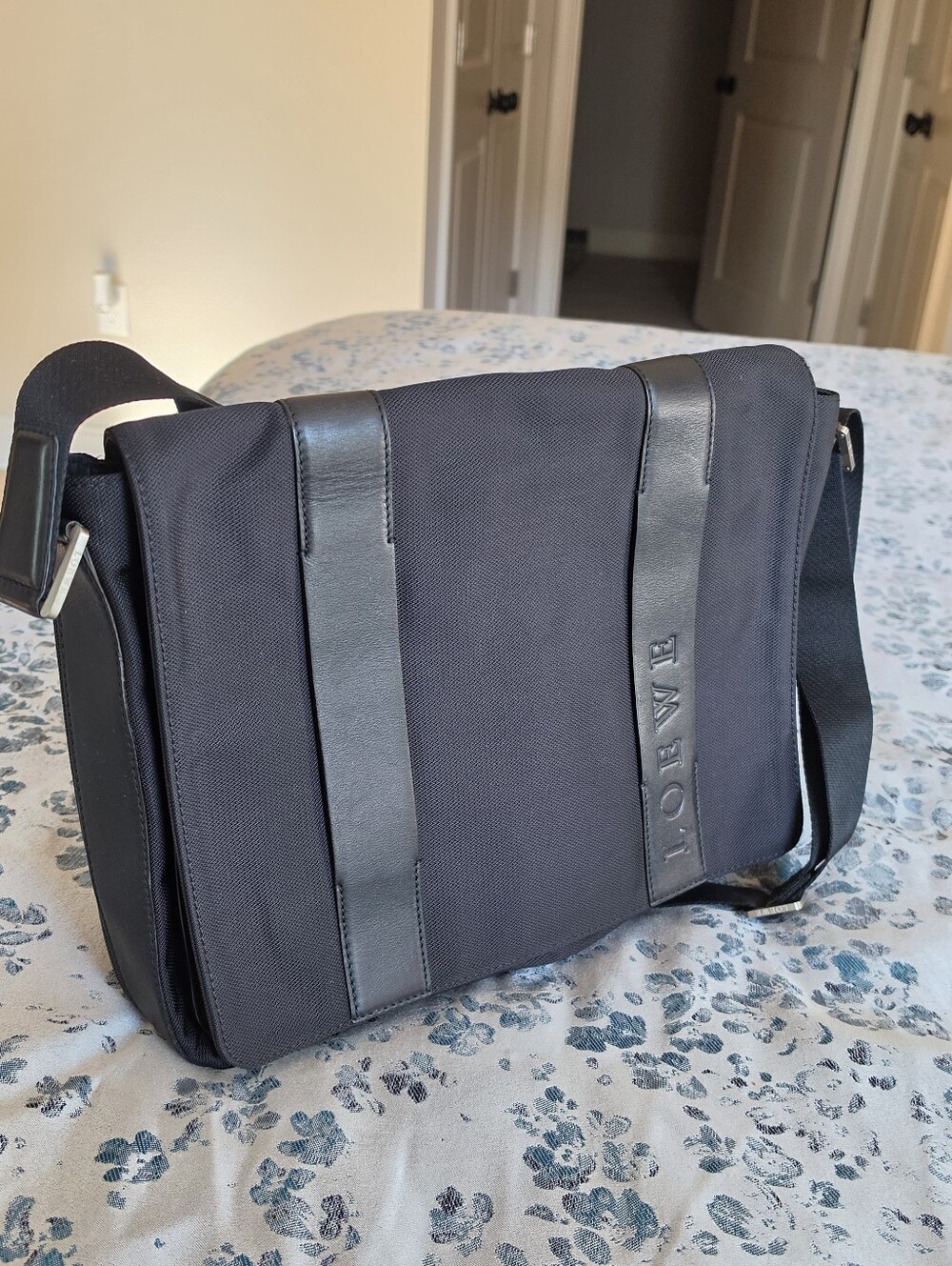Authentic Loewe Navy-Black Messenger Bag with Leather Trim